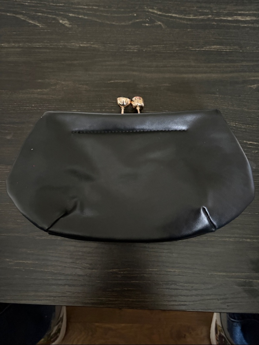 Black Leather Kiss-Lock Clutch Bag